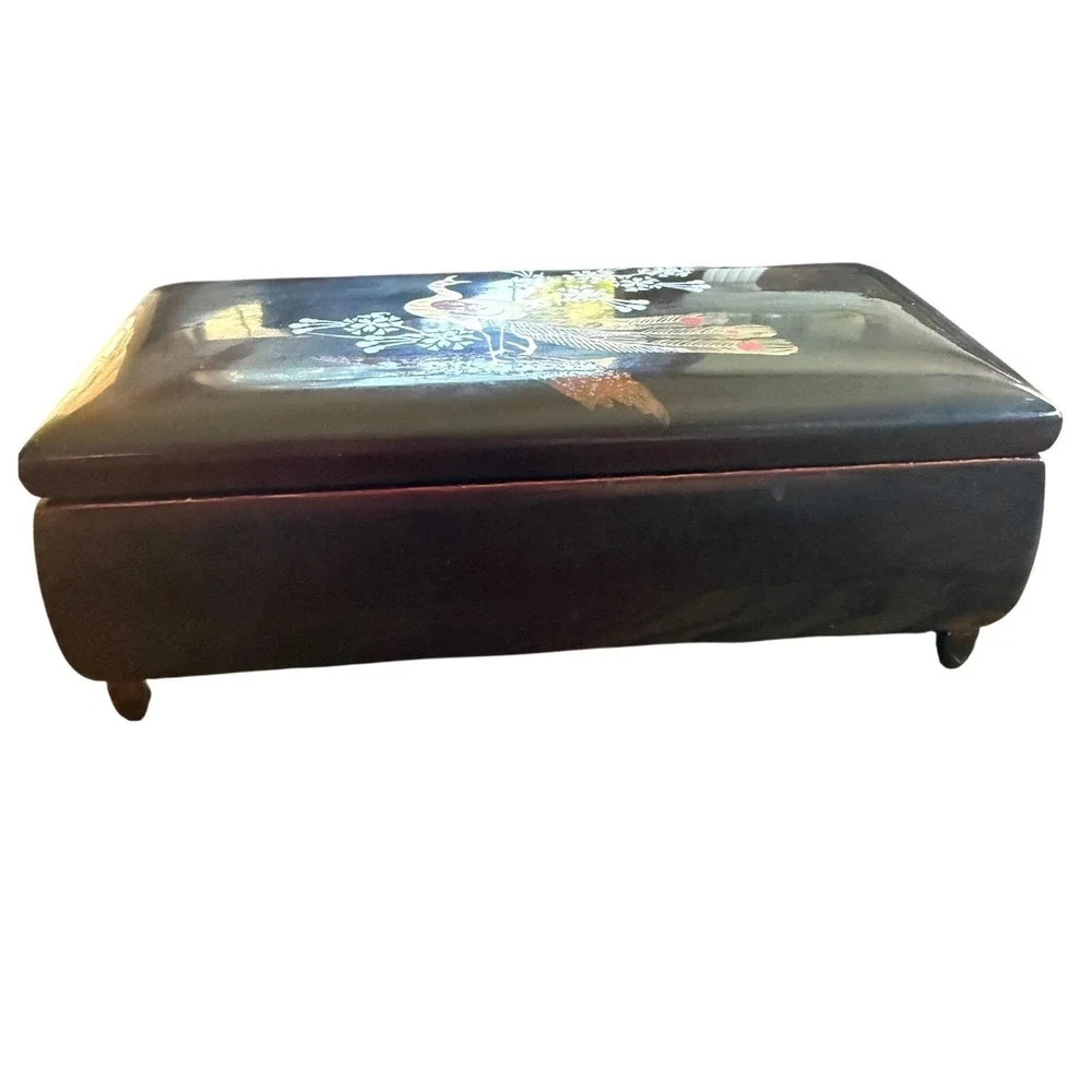 Vintage Japanese Black Lacquer Jewelry Box Peacock Cherry Blossom Mirror